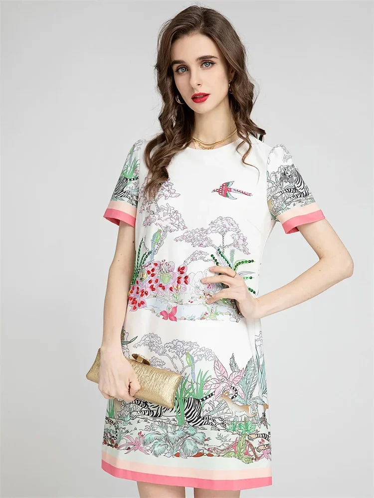 

Fashion Designer Summer Women's Short Sleeve Beading Animal Flower Print Loose Mini Dress