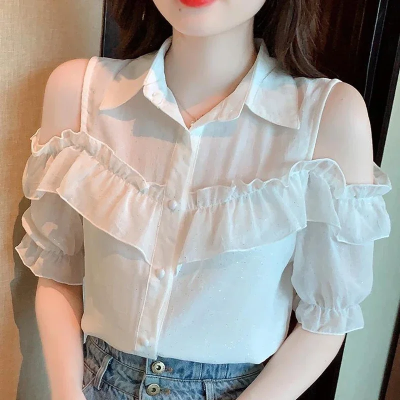 Women Off Shoulder Tops Shirts Summer 2024 Korean Fashion Clothes Casual White Pink Blusas Feminina Ruffles Sexy Chiffon Blouses