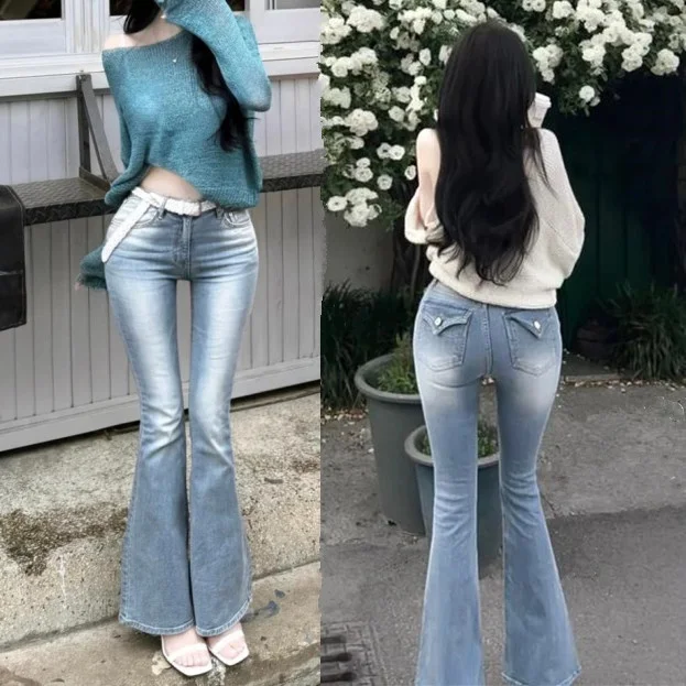 

Korean Sle Low Waist Bell Bot Denim Jeans Sexy Slimming Elastic Long Pants Pure Desire Trendy Hot Girl Blue Cotton Stretch