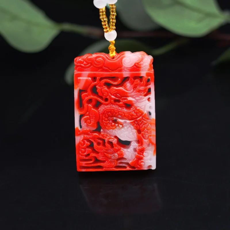 

Red White Jade Dragon Pendant Necklace Natural Gemstone Double-sided Hollow Carved Fashion Charm Jewelry Amulet Gifts for Women