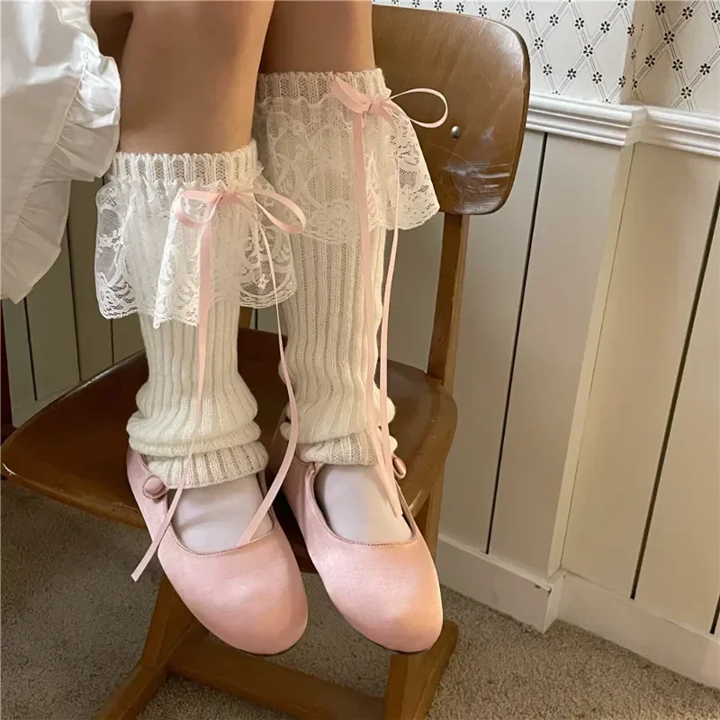 Bow Tie Warm Lolita Japanese Socks Lace Cuffs Knitted Crochet Harajuku Cover Autumn Lovely Boot Winter Feet