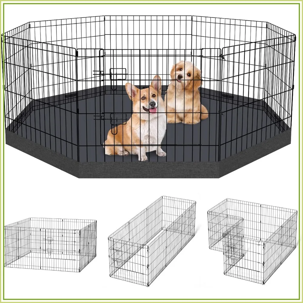 

Dog Pen Pet Playpen Fence Indoor Foldable Metal Wire Exercise Puppy Play Yard 8 Panels 24 Inch with Bottom Pad & Top Cover