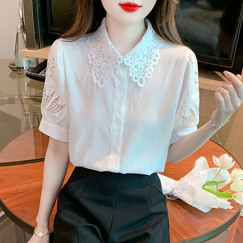 White Hollow Out Office Shirts for Women Short Sleeve Slim Korean Fashion Y2k Clothes Casual Elegant Ladies Tops and Blouses