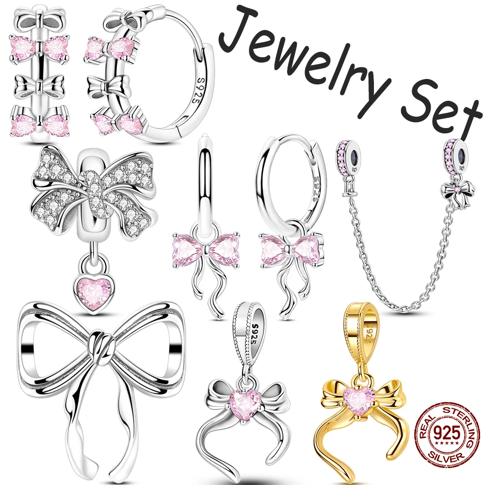 925 Sterling Silver Bow Jewelry Set Pink Zircon Bow Charms Beads Dangle Pendants Hoop Earrings 925 Silver Fit Original Bracelet