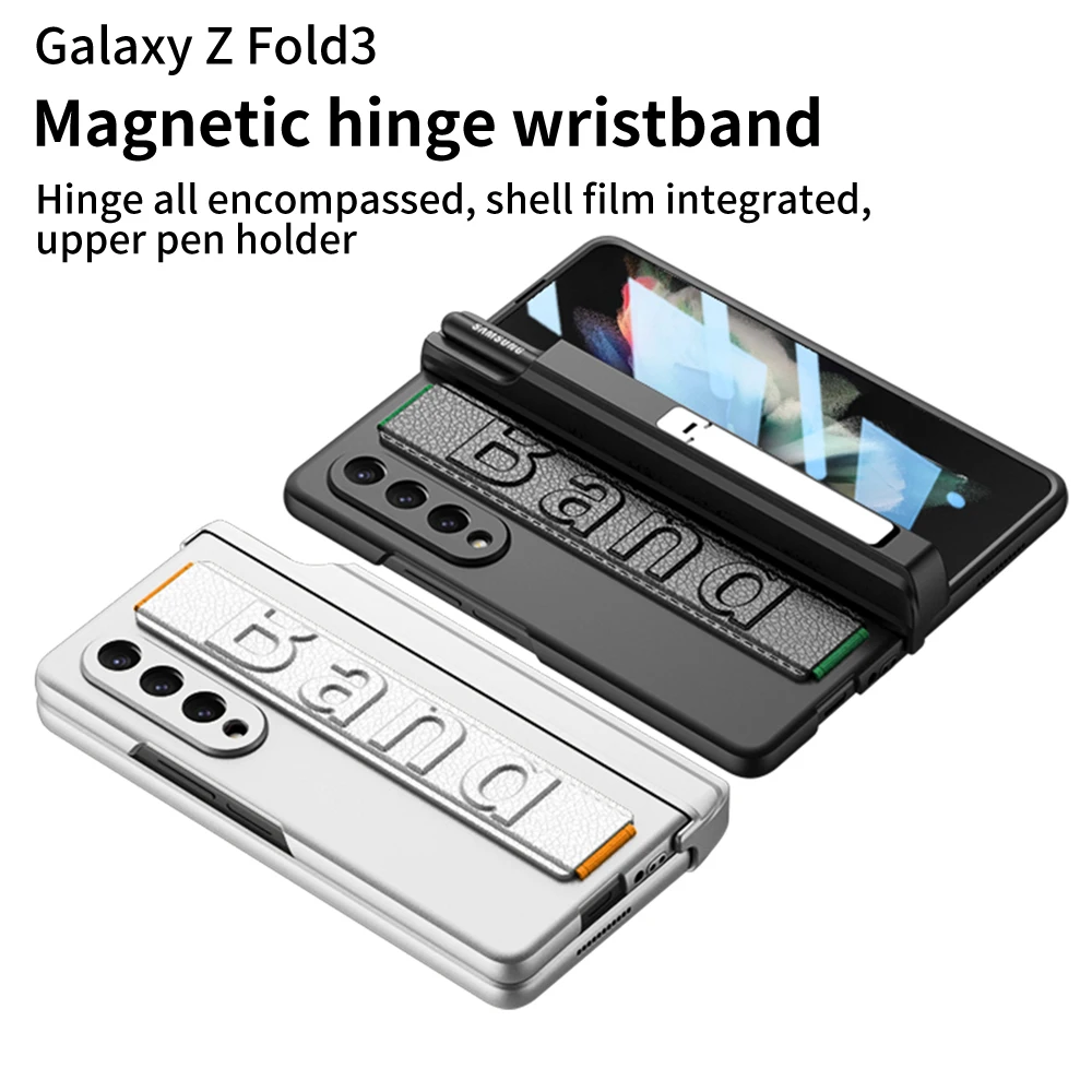 Magnetic Pen Holder Protective Case For Samsung Galaxy Z Fold 5 4 3 Case Shockproof Hinge Case With Wrist Strap For ZFold5 Fold4