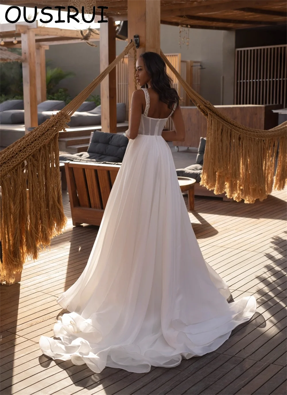 OUSIRUI فستان زفاف بوهو بياقة على شكل قلب مطرز من التل بدون ظهر على شكل حرف a محكمة Strpas لحفلات الزفاف Vestido de novia