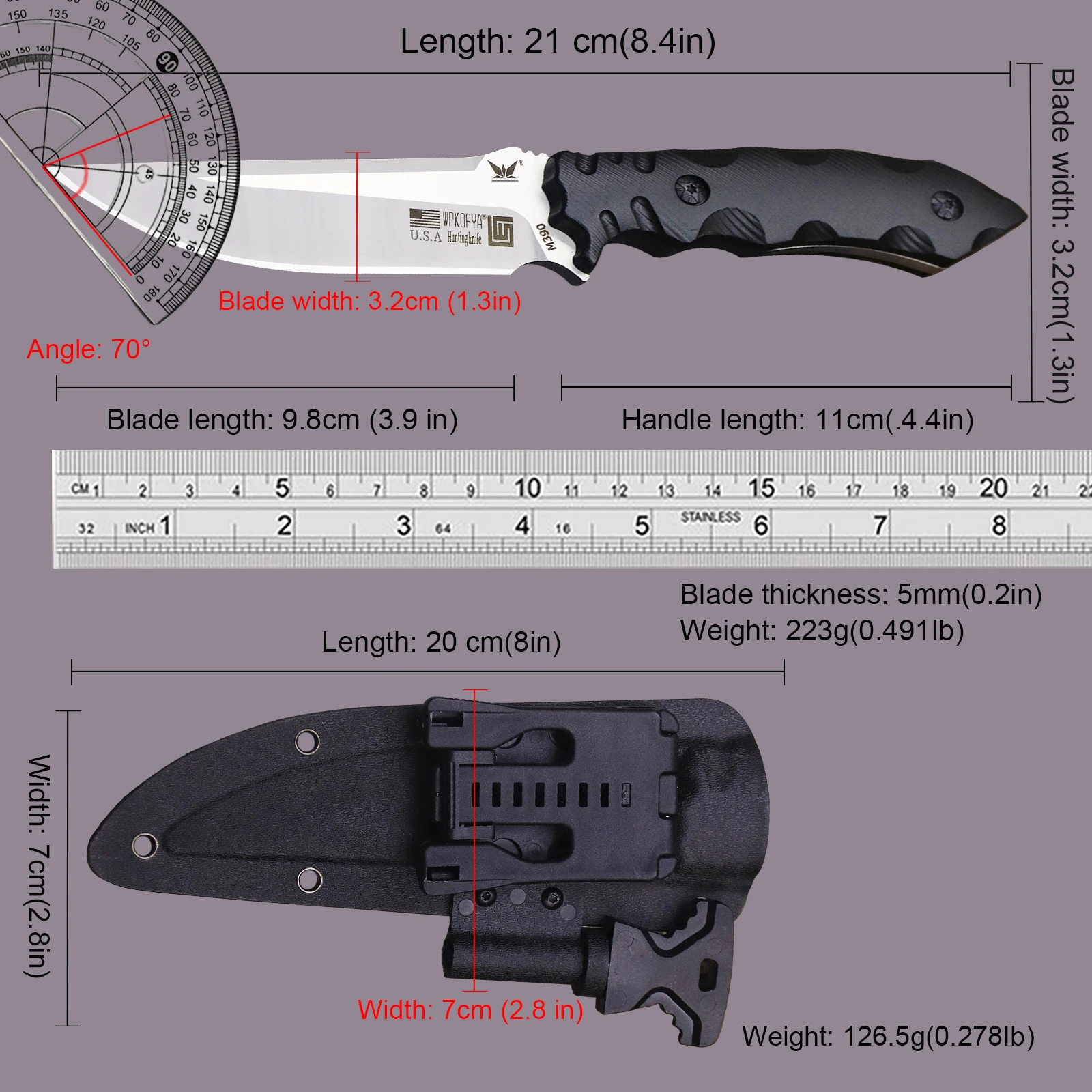 (General King) M390 Black Hunting Tactical Straight Knife, Outdoor Multi-purpose EDC Tool Knife + Sheath, Jungle survival Knife