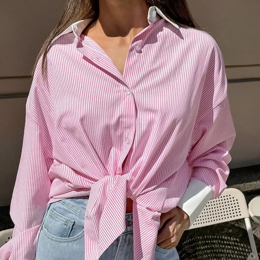 المرأة الوردي شريطية طويلة الأكمام قميص التلبيب تقسم اللون Preppy المرأة بلوزة فضفاضة قميص مكتب سيدة ركاب الخريف الربيع #3