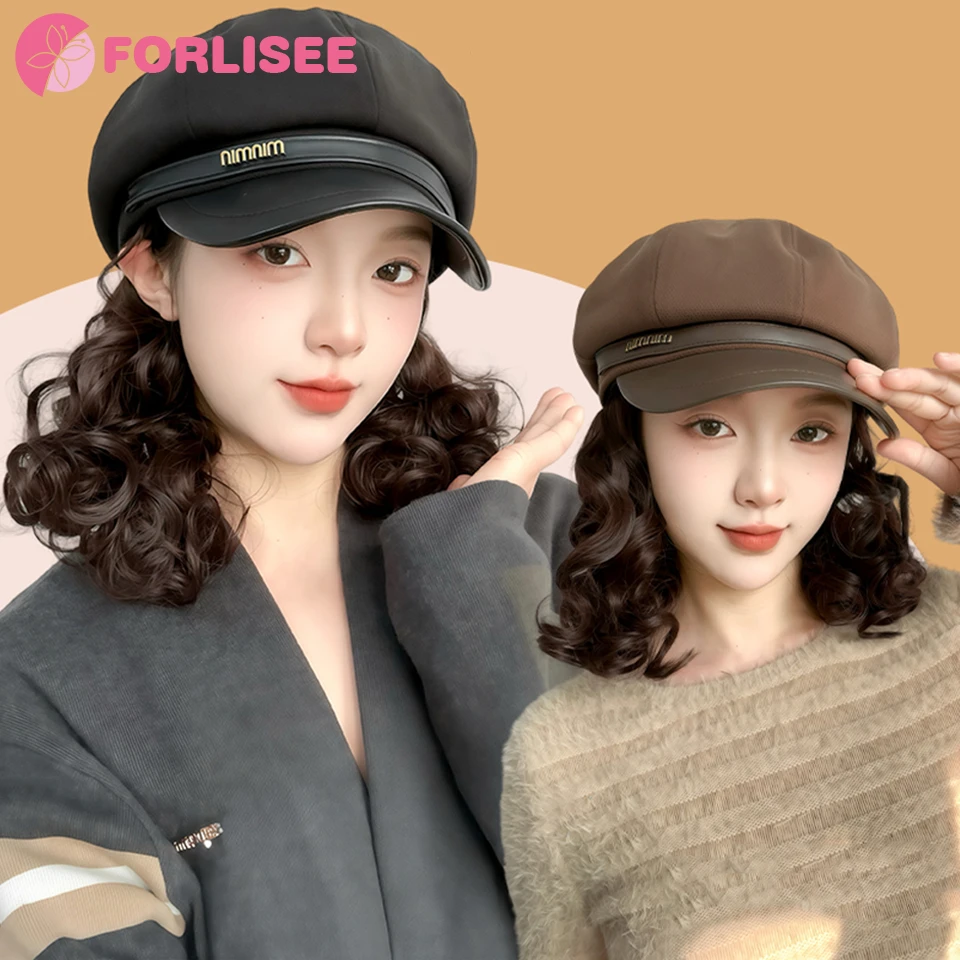 FORLISEE Synthetic Autumn And Winter Ladies Warm Pear Flower Curly Duck Tongue Beret Short Curly Hair Octagonal Hat Wig