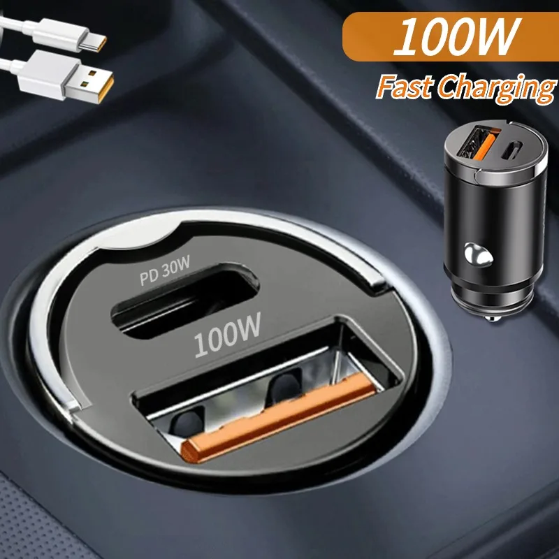 100W Mini Car Charger QC3.0 PD with Charging cable Lighter Fast Charging for Xiaomi Samsung Huawei iPhone Car USB Type C Charger