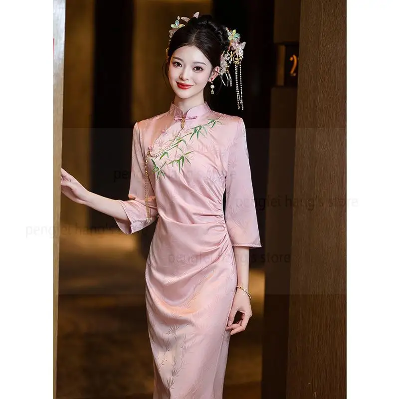 Pink Improved Cheongsams Elegant Satin Qipao Women Long Vestidos New Chinese Style Improved Dresses Wedding Banquet Gown