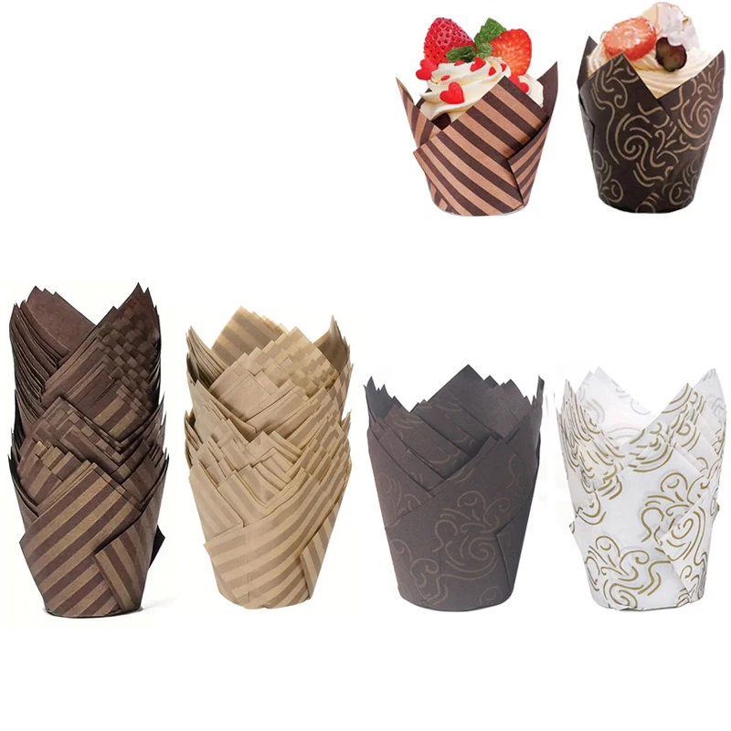 50pcs Tulip Style Cupcake Liner Baking Cup Tulip Muffin Cupcake Paper Cup Oilproof Cake Wrapper Bakeware Pastry Tools