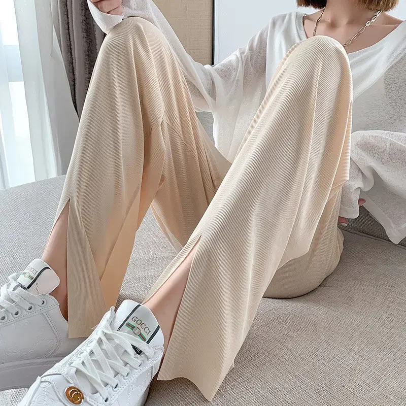 Pantaloni casual da donna All-match comodi a vita alta estivi con coulisse femminile 4 colori gamba larga semplice studente in stile coreano solido