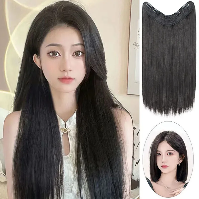 여성용 합성 헤어 익스텐션 고온 섬유 헤어 V자형 클립인 원피스 인비저블 심리스 가짜 머리카락