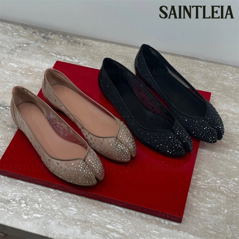 Strass Mesh Patent Leather Ballerinas Luxurious Style Rhinestone Flats Novelty Style Tabi Pointed Toe Slip-On Shoes for Women