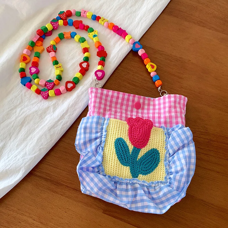 Korean Color Beads Hand Knitted Bag Handmade Flower Women's Crochet Bag Plaid Tulip Single Shoulder Bag Ladies/Girls