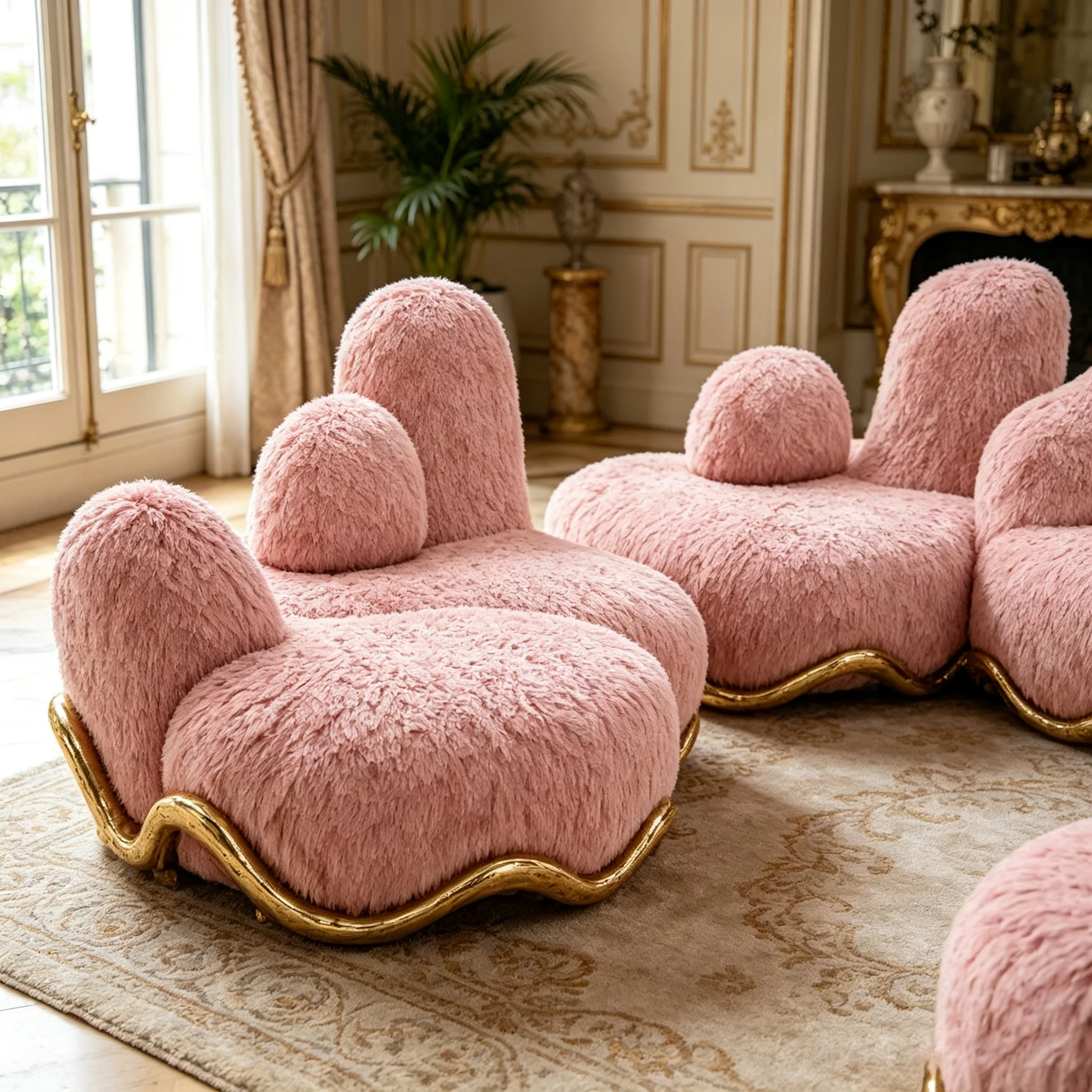 Z*-High Density Fur Fabric Pink Cloud Shaped Sectional Sofa  Designer Curved Couch for Hotel Living Room^