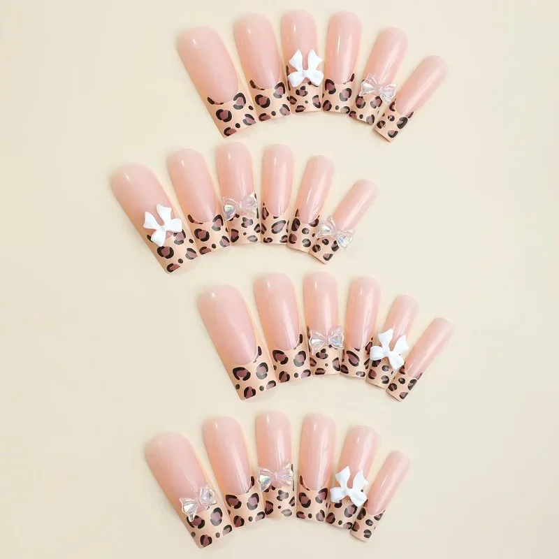 24Pcs French False Leopard Nails Tips 3D Bow Design Press on acrilico Nail Long Ballerina Full Cover Stick On Nail for Women