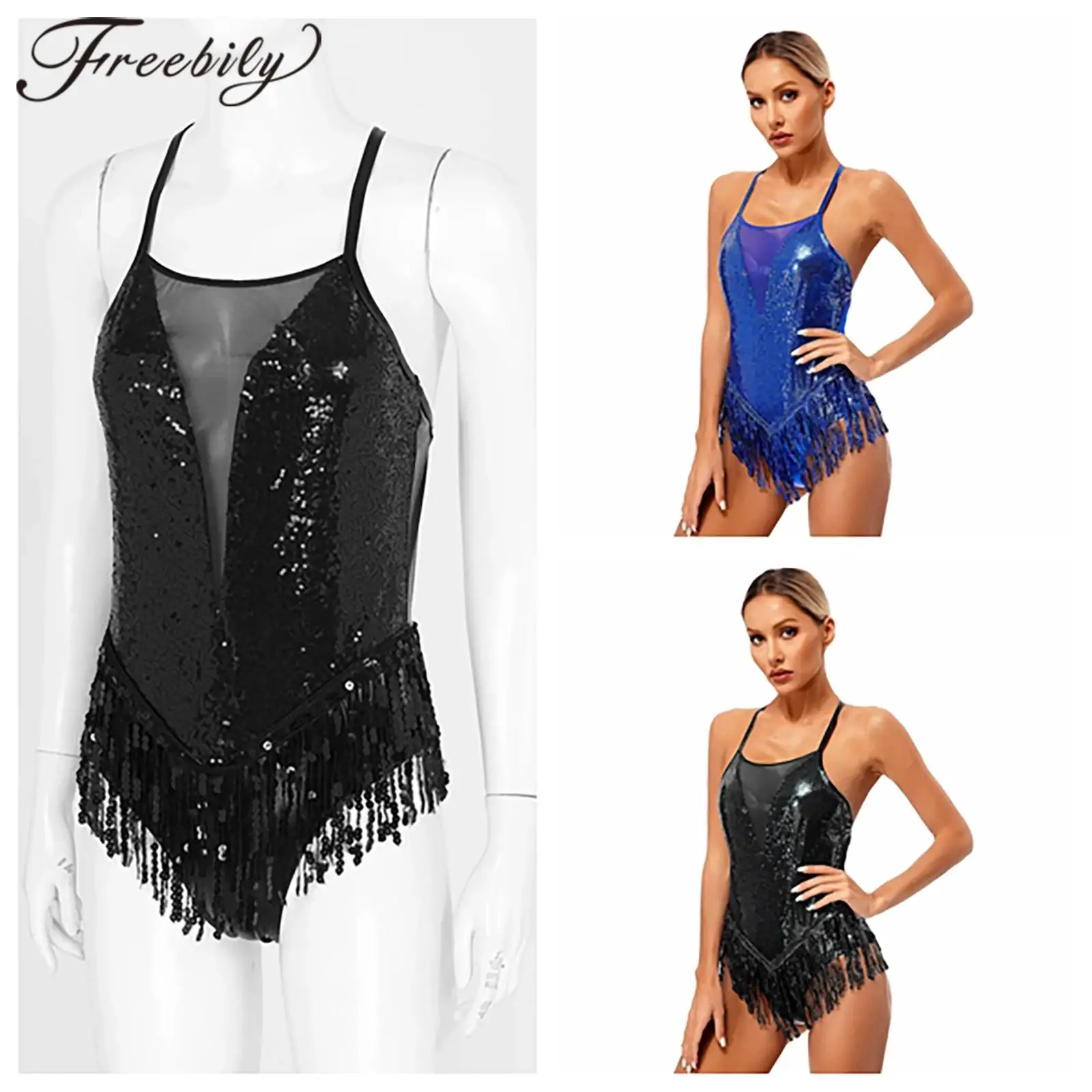 

Women Latin Ballroom Leotard Tango Rumba Dance Wear Fashion Gloves Cha-Cha Samba Sequins Fringed Competition Performance Costume