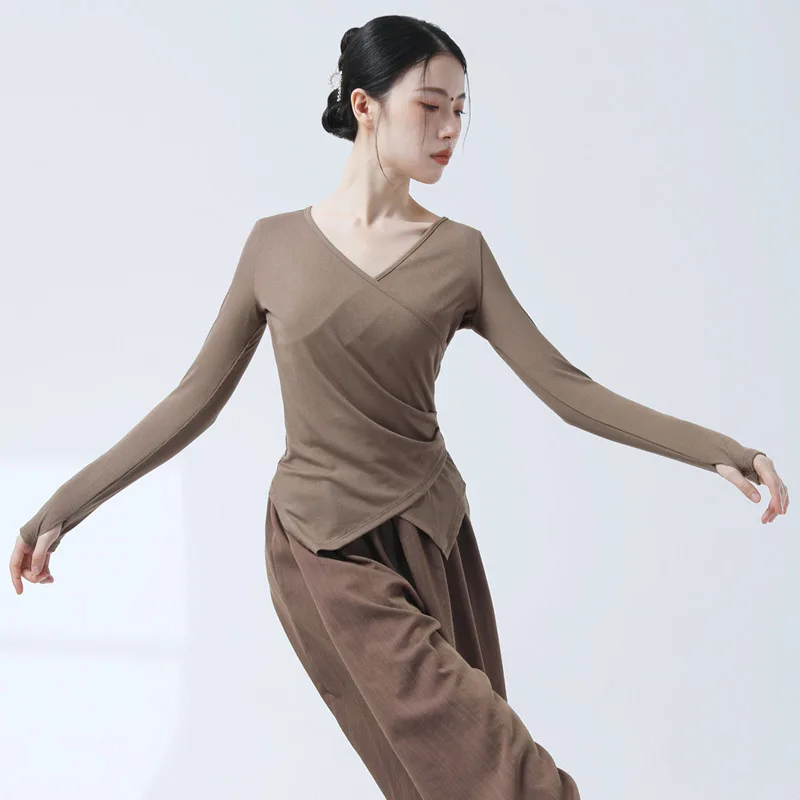 UMI MAO Chinese Style Top Femme Modern Dance V-neck Slit Slim Fit Cross Long Sleeved Women's Chinese Dance Physical Artistic