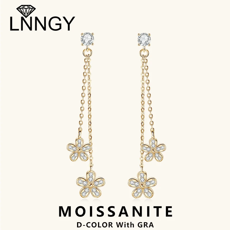 

Lnngy 4mm Moissanite Flower Dangle Earring For Women Girls Original 925 Sterling Silver Chain Tassel Earring Fashion Jewelry