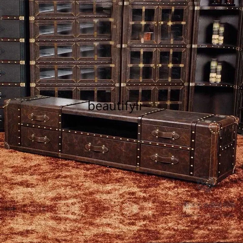 

smt14 American medieval floor-to-ceiling TV cabinet French retro rivet aluminum leather living room with drawers long cabinet bo