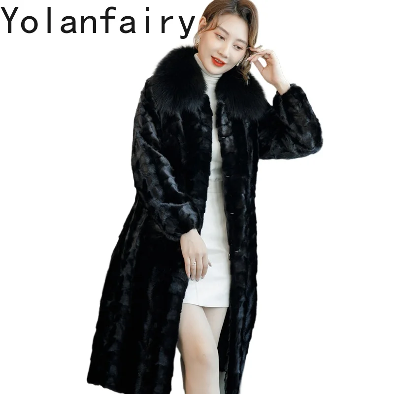 YOLANFAIRY Winter 100% Mink Real Fur Coat Women Fox Fur Collar Long Pieced Mink Fur Coats and Jackets 6XL Outerwear 106-109cm