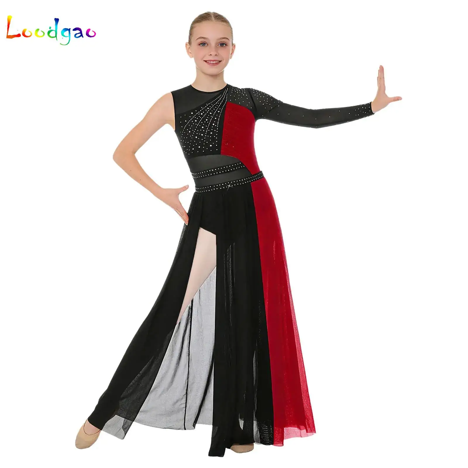

Kids Girls Color Block Patchwork Side Split Mesh Shiny Rhinestones Dress for Ballet Modern Skating Lyrical Dance Performance