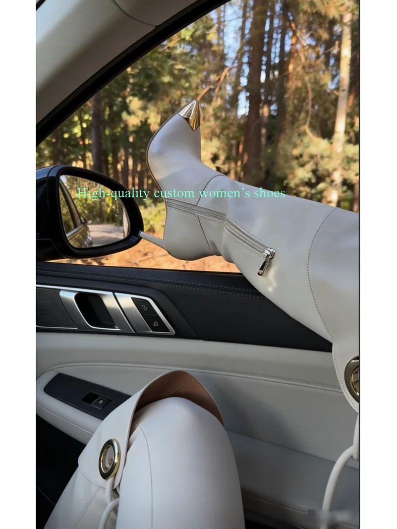 

Pointed Gold White Color-Blocked Version Rear Strap Women's Knee-High Boots Stilettos Banquet Luxury Women's Boots