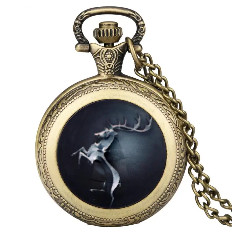 Retro Medium Size Long Horn Elk Wonderland Dome Quartz Pocket Watch Anime Clock Ice Fire Themed Patch Chain Pendant fob Watch