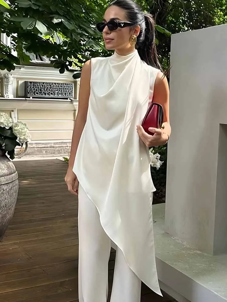 

MCDV Elegant Satin Vest Women's Irregular Pleated Loose Turtleneck Sleeveless Tank Top 2025 Summer Chic Daily Female Street Tops