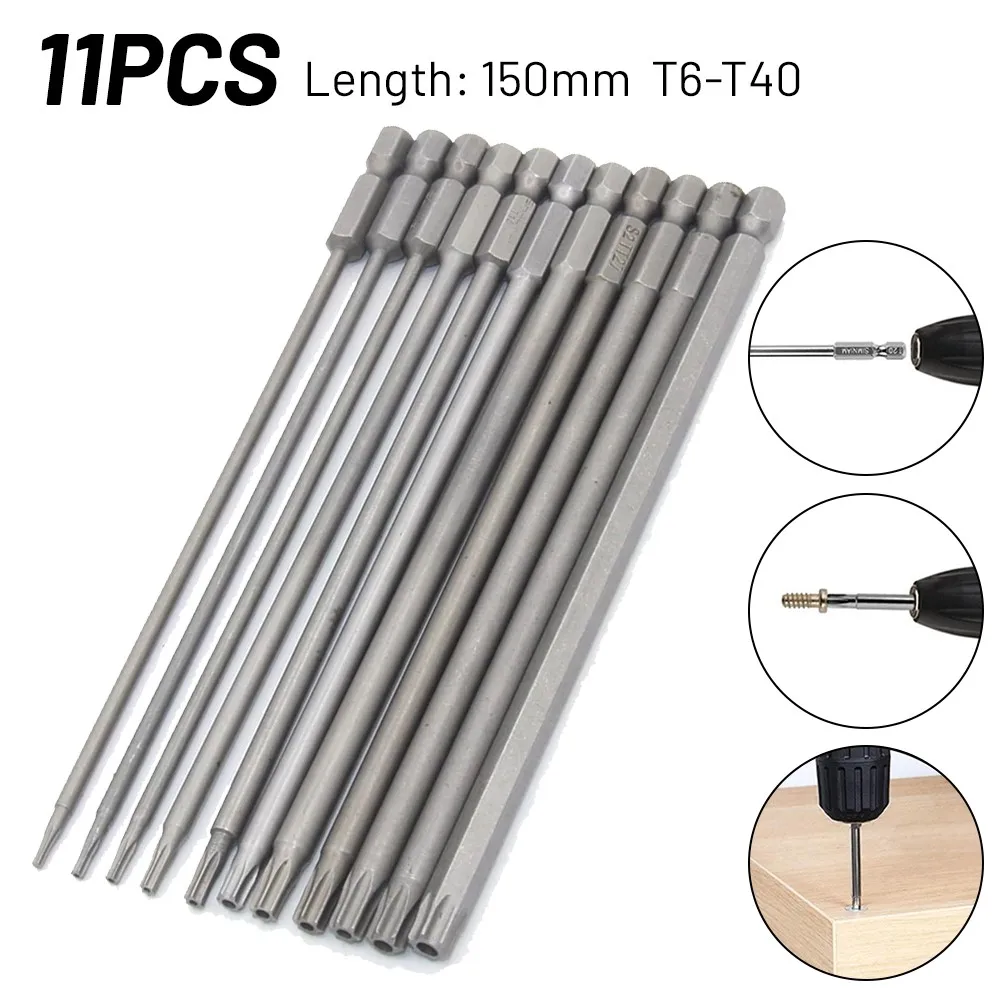 11pcs 150mm Long Magnetic Torx Screwdriver Bits Electric Screwdriver Head T8 T9 T10 T15 T20 T25 T27 T30 T35 T40