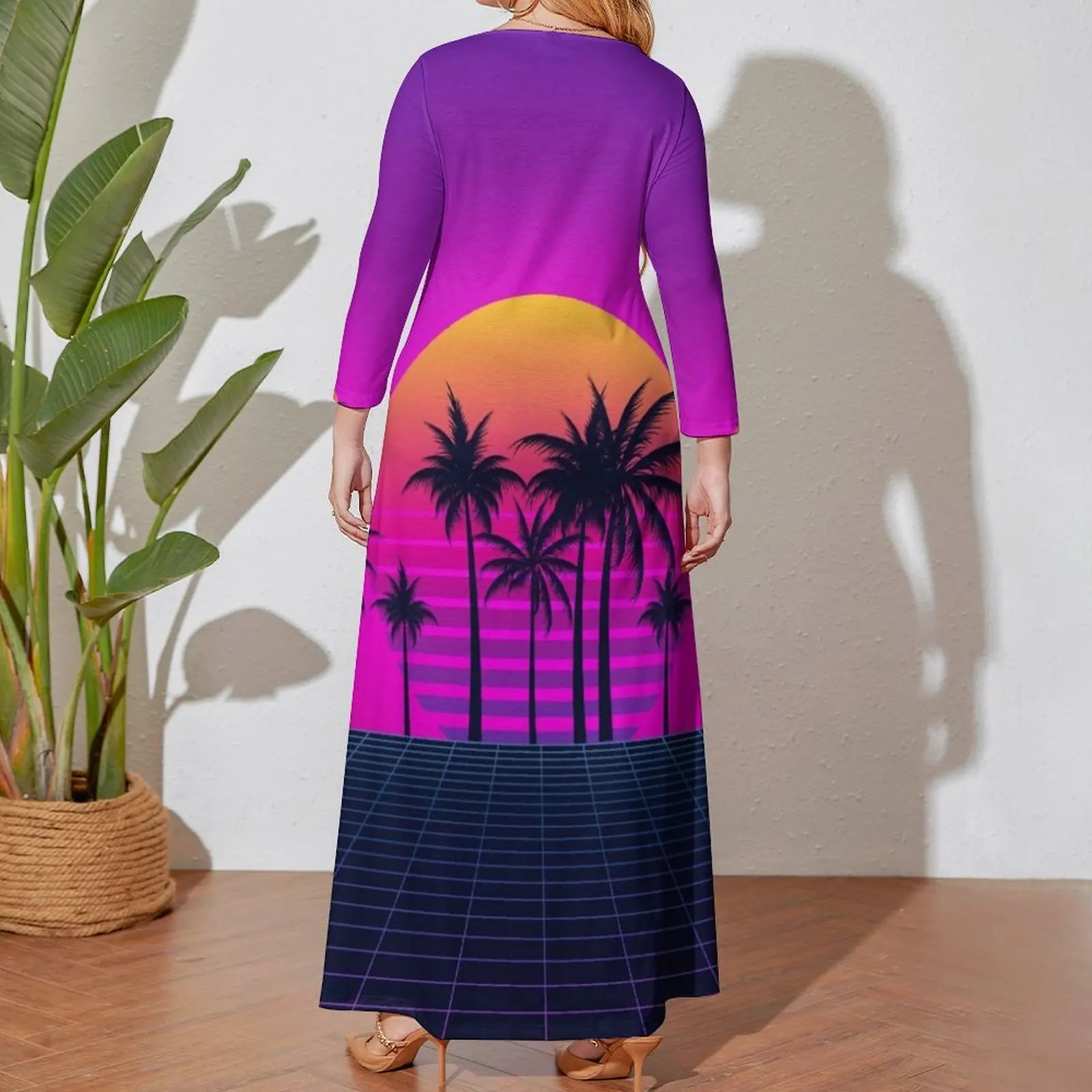 Retrowave Sunset and Palm Trees Long Sleeved Dress women formal occasion dresses elegant chic women dresses promotion