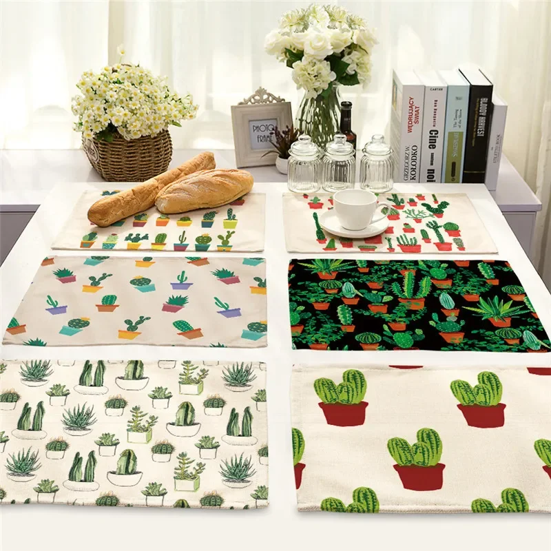 2Pcs Cactus Pattern Placemat Dining Table Mat Cotton Linen D