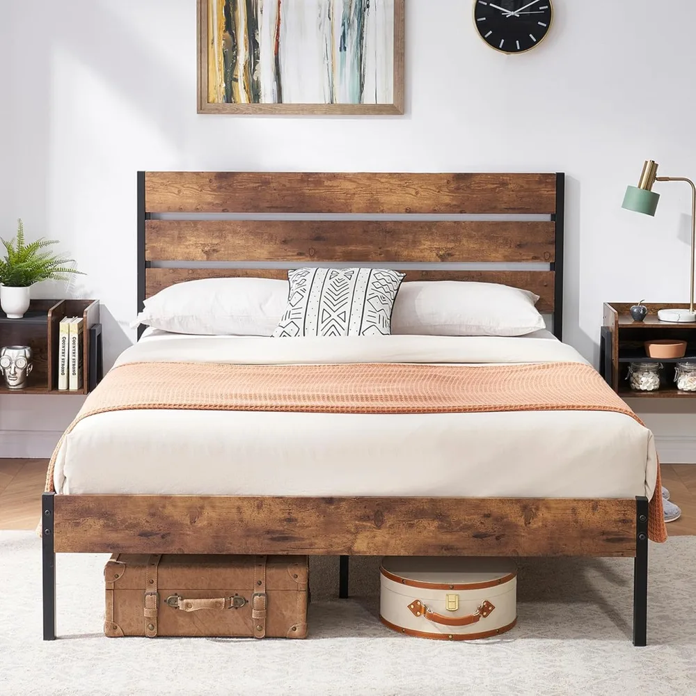 

VECELO Queen Size Bed Frame with Rustic Wood Headboard, Strong Slats Platform Support No Box Spring Needed, Easy Assembly