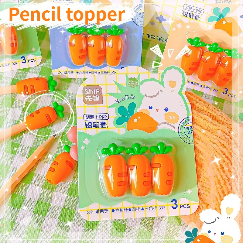 3Pcs/set Cute Cartoon Carrot-shaped Pencil Topper Children's Stationery Accessories Pen Top DIY Cap Deco Back To School Supplies