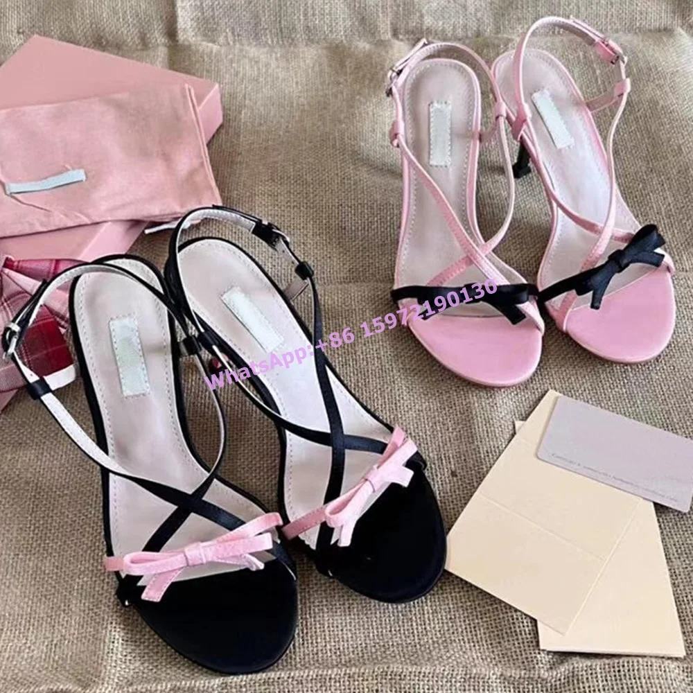 

Bows Black Pink Sandals Buckle Strap Peep Toe Thin Heels Slingback Stiletto Shoes Women's French Style Elegant Vocation Shoes