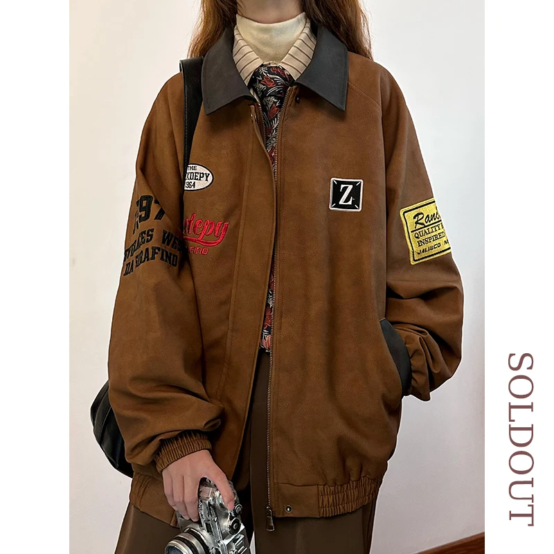 オリジナルアメリカンレトロ刺繍入りPUレザージャケット女性用ルーズメタルカラーアウタートレンディブランドストリートスタイルジッパー開閉