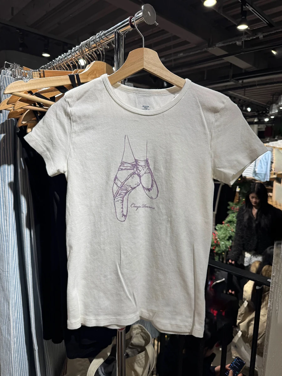 New Ballet Shoes Print White T-shirt Women Summer Solid Round Neck Short Sleeve Tees Casual Vintage Sweet Cotton Tshirt Y2k Tops