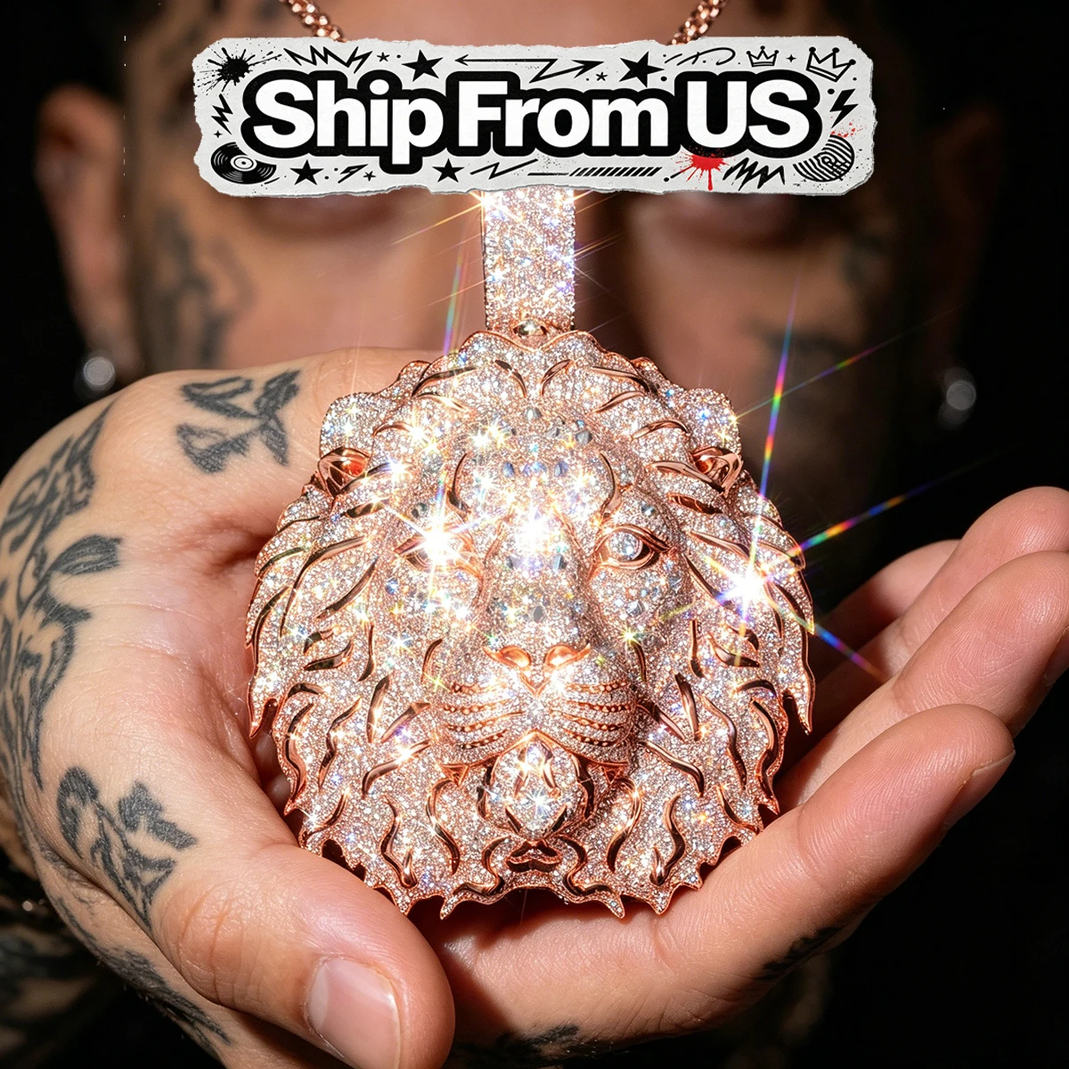 Hip Hop  Lion Head Statement Jewelry Bling Animal Medallion Charm For Men Trendy Streetwear Accessory Oversized Luxury Necklace Gift For Rapper Party Nightclub Daily Wear Shiny Ornament Full Diamond Sparkling CZ 18K Rose Gold Plated Iced Out Huge Pendant