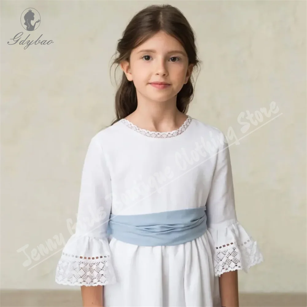 

White Elegance Flower Girl Dress With Sky Blue Belt Half Sleeve For Wedding Birthday Party First Communion Gown