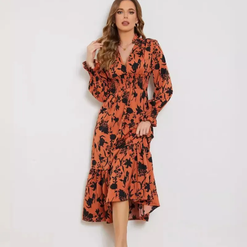 Orange New Autumn Long Dress For Women 2024 V Collar Pullover Lantern Sleeves A-line Floral Print Elegant Ladies's Dress Vestido