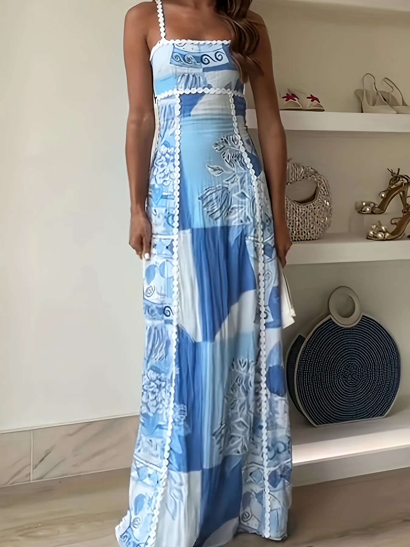 

Summer Dress Women's Spaghetti Strap Floral Print Dresses Tie Detail Loose Fit Maxi Dress Scalloped Trim Sundress for Woman