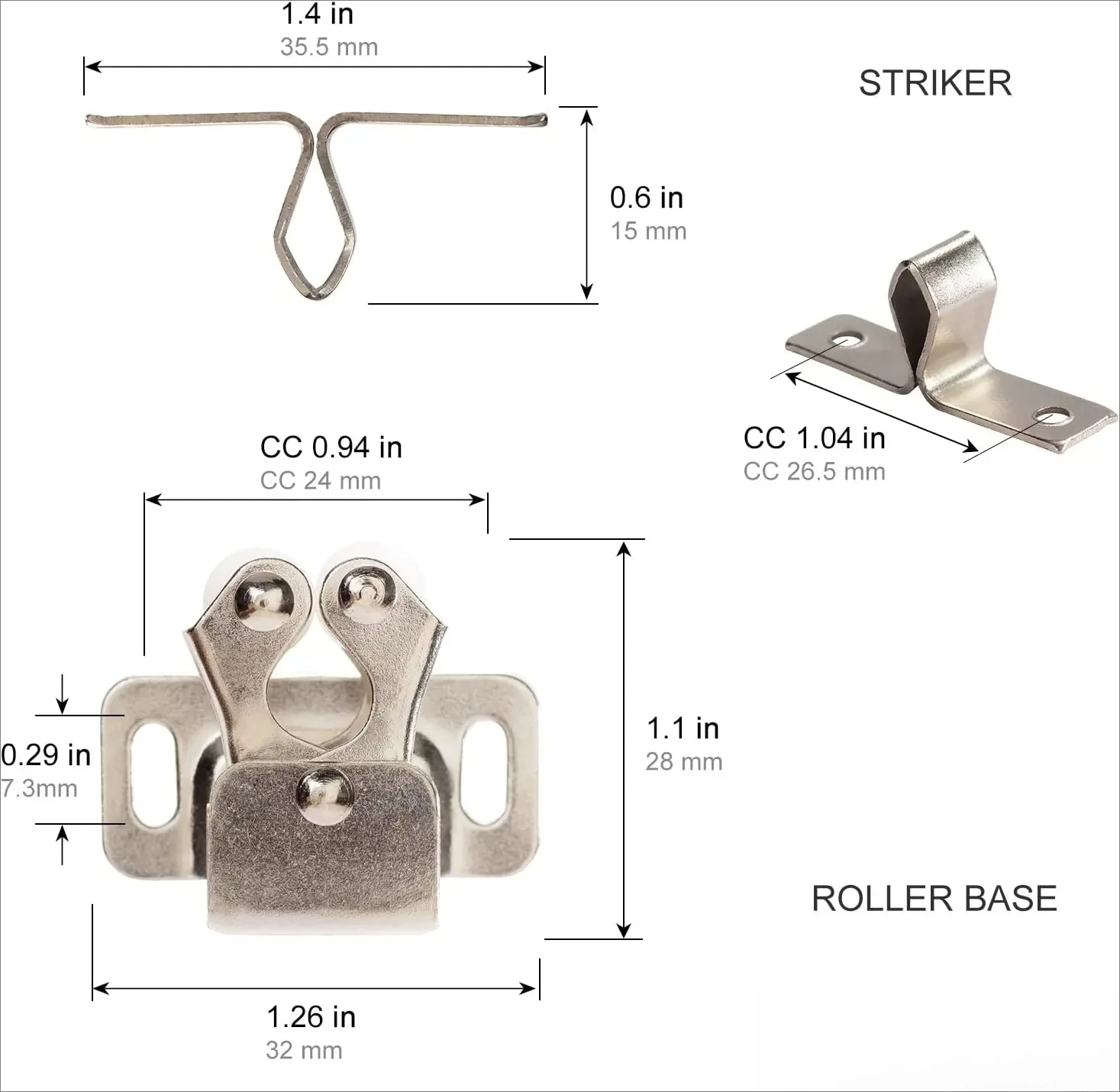 24pcs Antique Copper Furniture Door Stopper, Cabinet Roller Latch Twin Double Catch with Striker, Includes Free Screws
