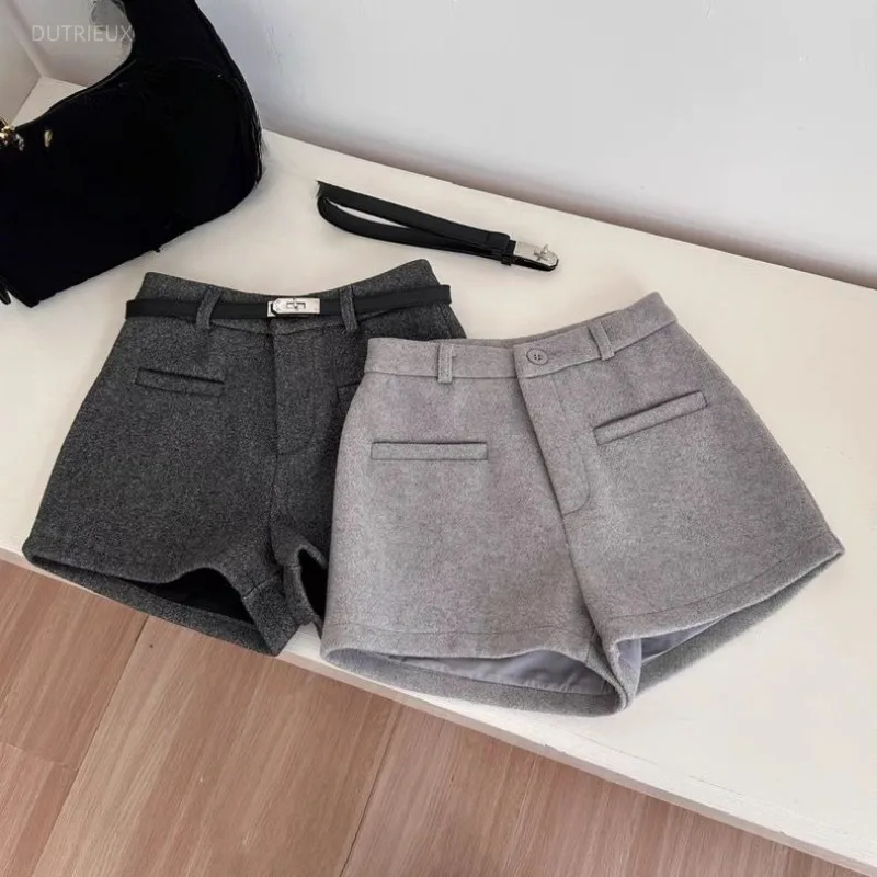 Y2k Woolen Shorts Mujer Solid Autumn Winter High Waist Woman Pants Korean Fashion Versatile Pantalones Cortos