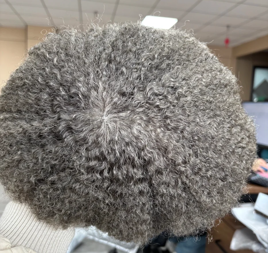 10mm Afro 360 Wave Braun-Schwarz Herren Lockige Frisuren Langlebiges Vollhaut-Toupet 1b80 Grau Echthaar-System Haarersatz – Detail 4