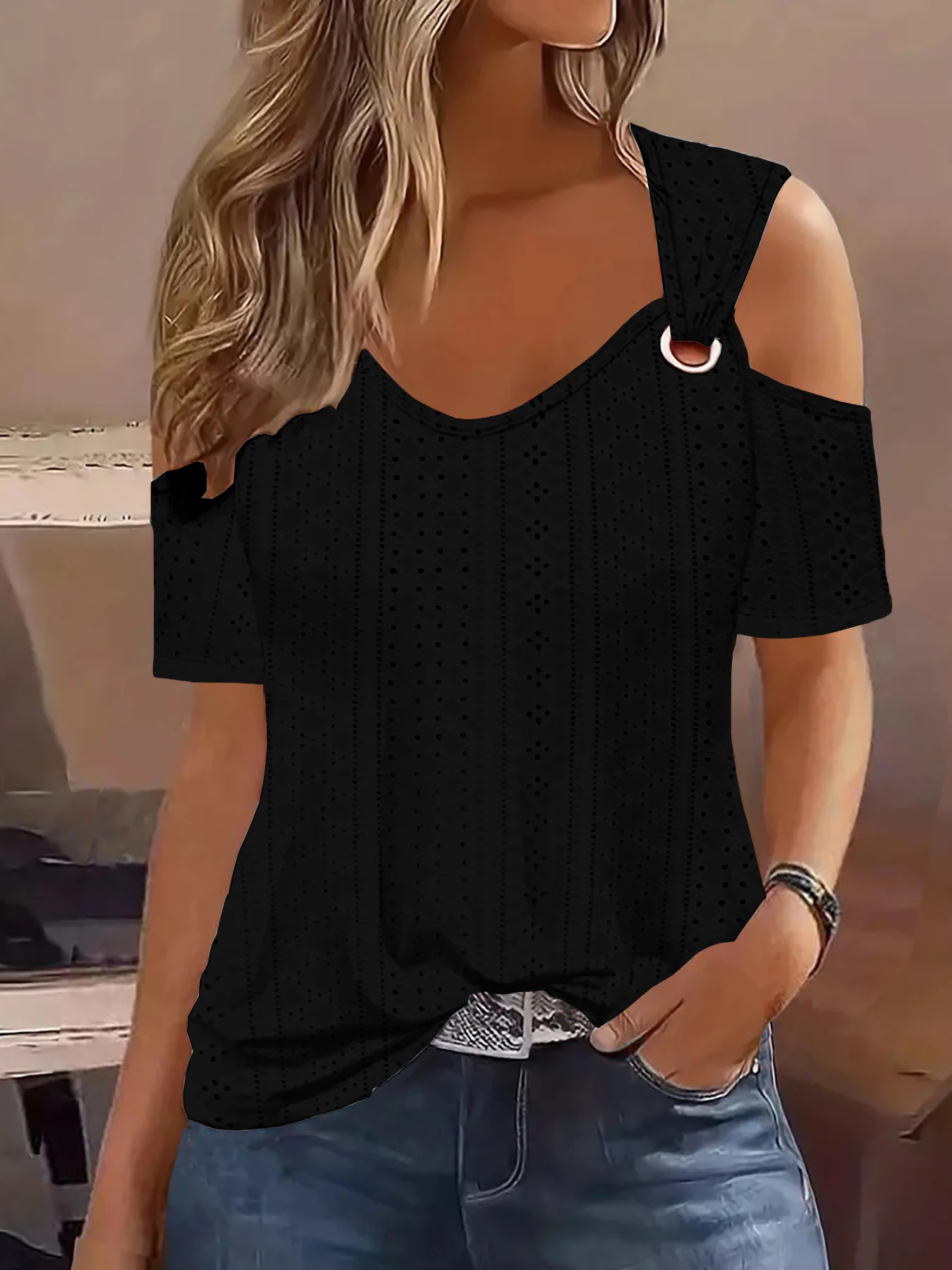 Women Fashion Metal Button Short Sleeve T-Shirts Casual Solid Color Knitted Pullover Tops Ladies Sexy Shirts Tops