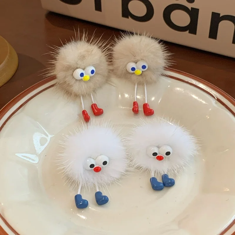 Cute White Khaki Hairball Plush Briquettes Earrings Funny Big Toe Leather Shoes Hanging Earrings for Women Mujer Birthday Gifts