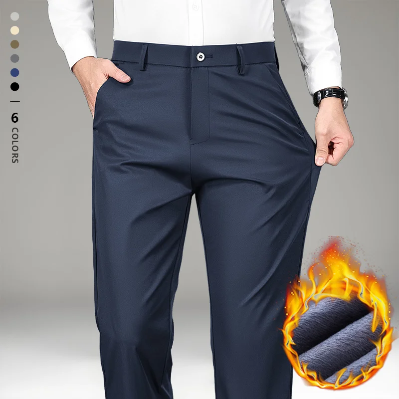 Winter Warm Fleece Suit Pants Men Thick Business Black Blue Work Formal Classic Solid Color Loose Straight Trousers Plus Size 40