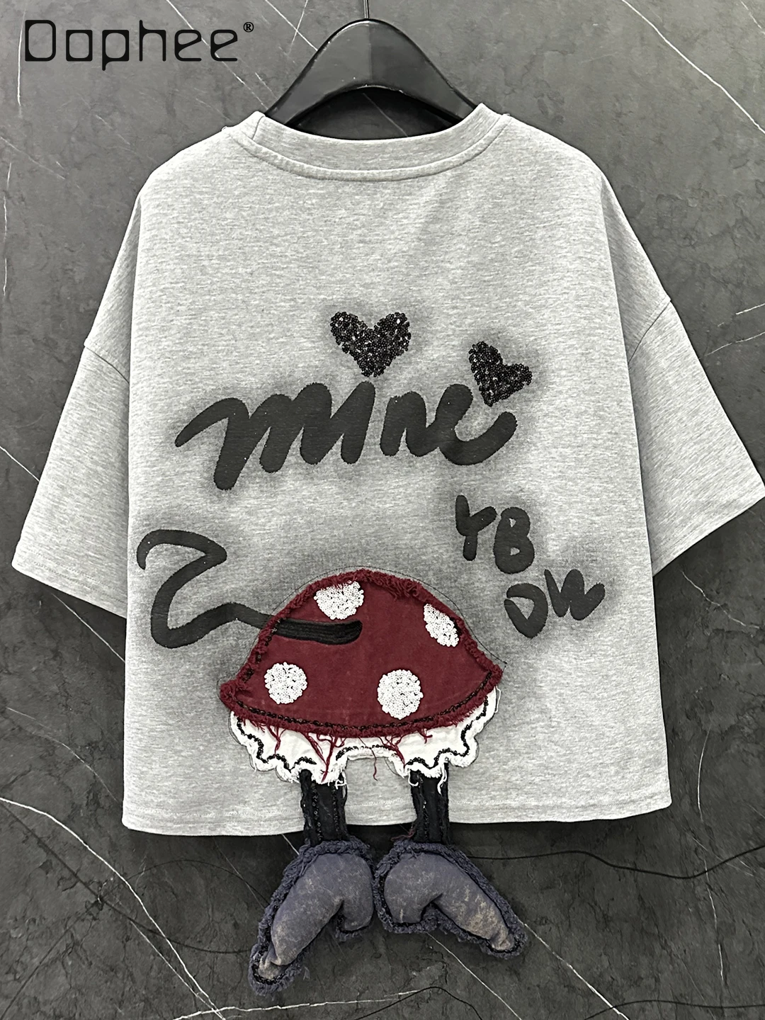 

Cartoon Short Sleeve T-Shirt for Women 2025 Autumn New Heavy Craft Cartoon Patch Embroidery Loose Casual Sweet Bow Black Top